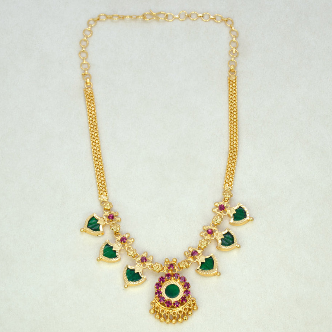 Gold Plated Traditional Palakka Necklace- 3 Stone - Green