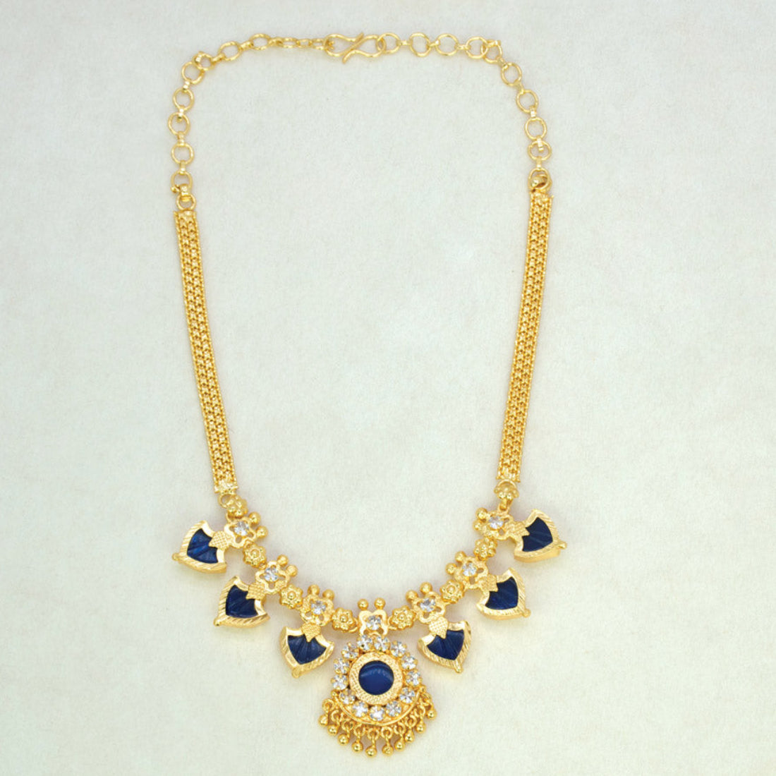 Gold Plated Traditional Palakka Necklace- 3 Stone - Blue