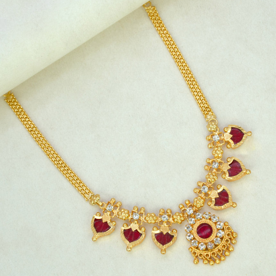 Gold Plated Traditional Palakka Necklace- 3 Stone - Red