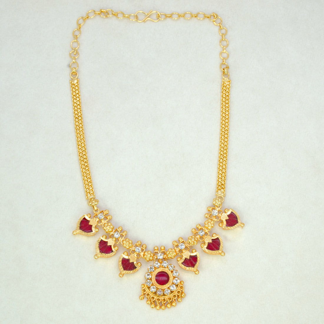 Gold Plated Traditional Palakka Necklace- 3 Stone - Red