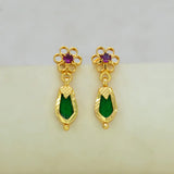 Gold Plated Green Nagapadam Floral Stud Drop Earrings showcasing an elegant design with ruby and green accents.