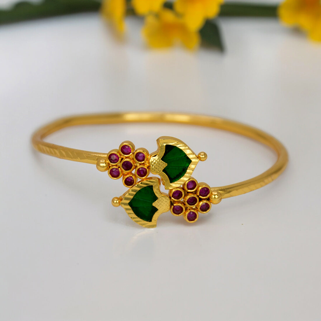 Gold Plated Floral Ruby Stones Open Palakka Bangle - Green