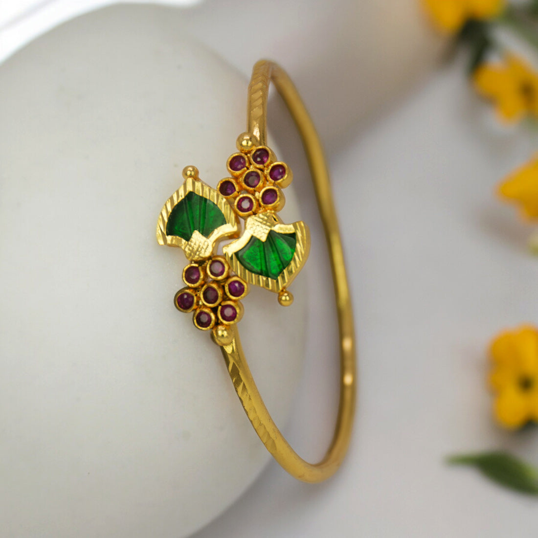 Gold Plated Floral Ruby Stones Open Palakka Bangle - Green