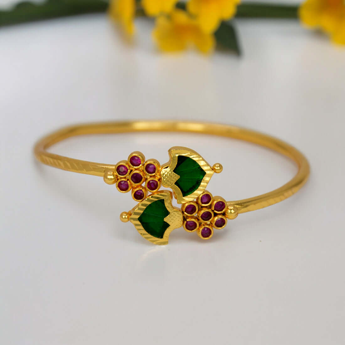 Gold Plated Floral Ruby Stones Open Palakka Bangle - Green