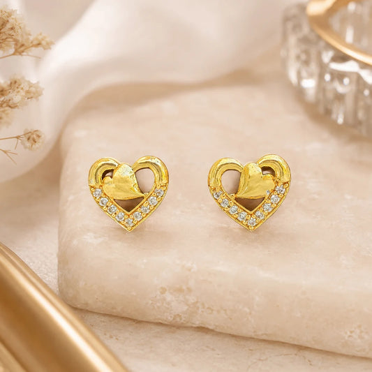 Gold Plated Heart-In-Heart CZ Stone Ear Studs