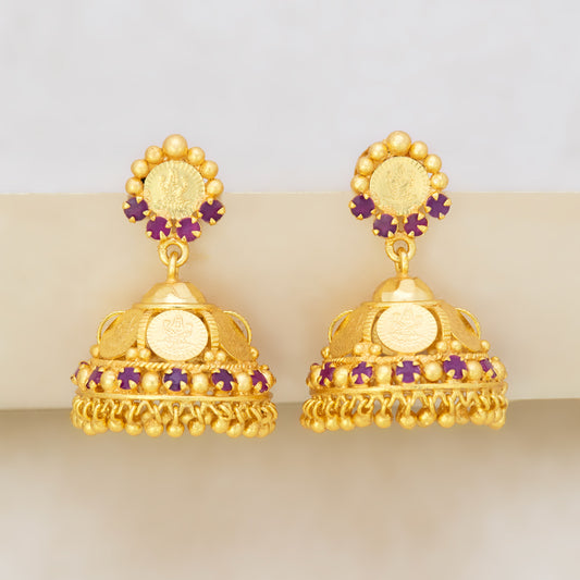 Gold Plated Kasu Lakshmi Ruby Stone Jhumka Earrings