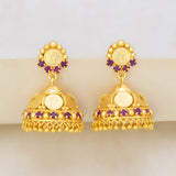 Gold Plated Kasu Lakshmi Ruby Stone Jhumka Earrings