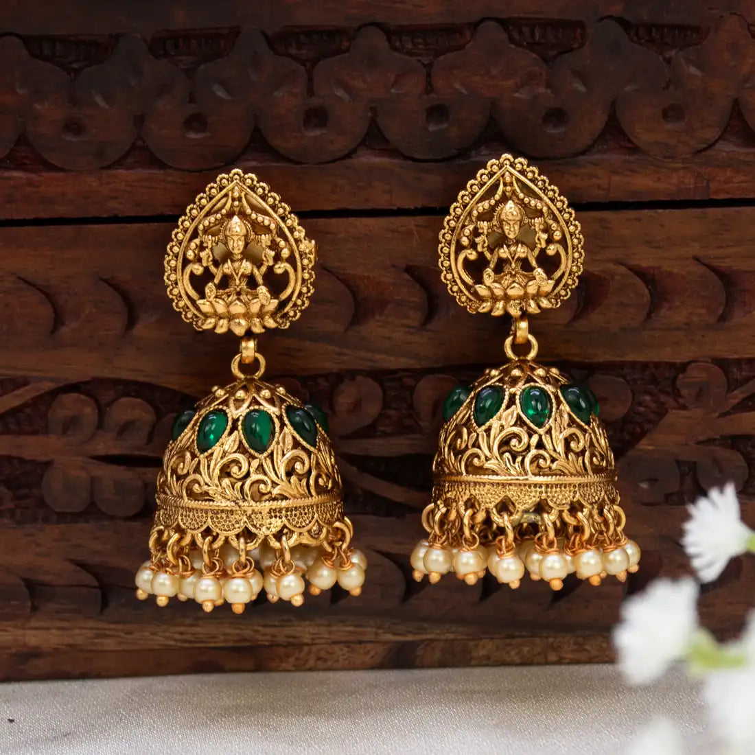 Kemp Stone Antique Lakshmi Jhumka Earrings