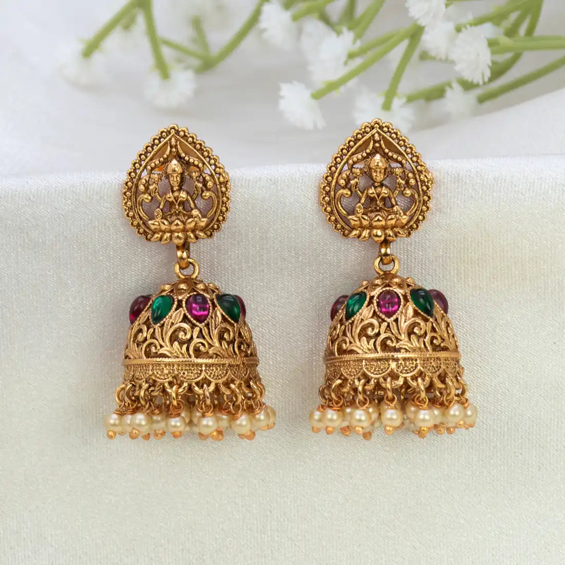 Kemp Stone Antique Lakshmi Jhumka Earrings