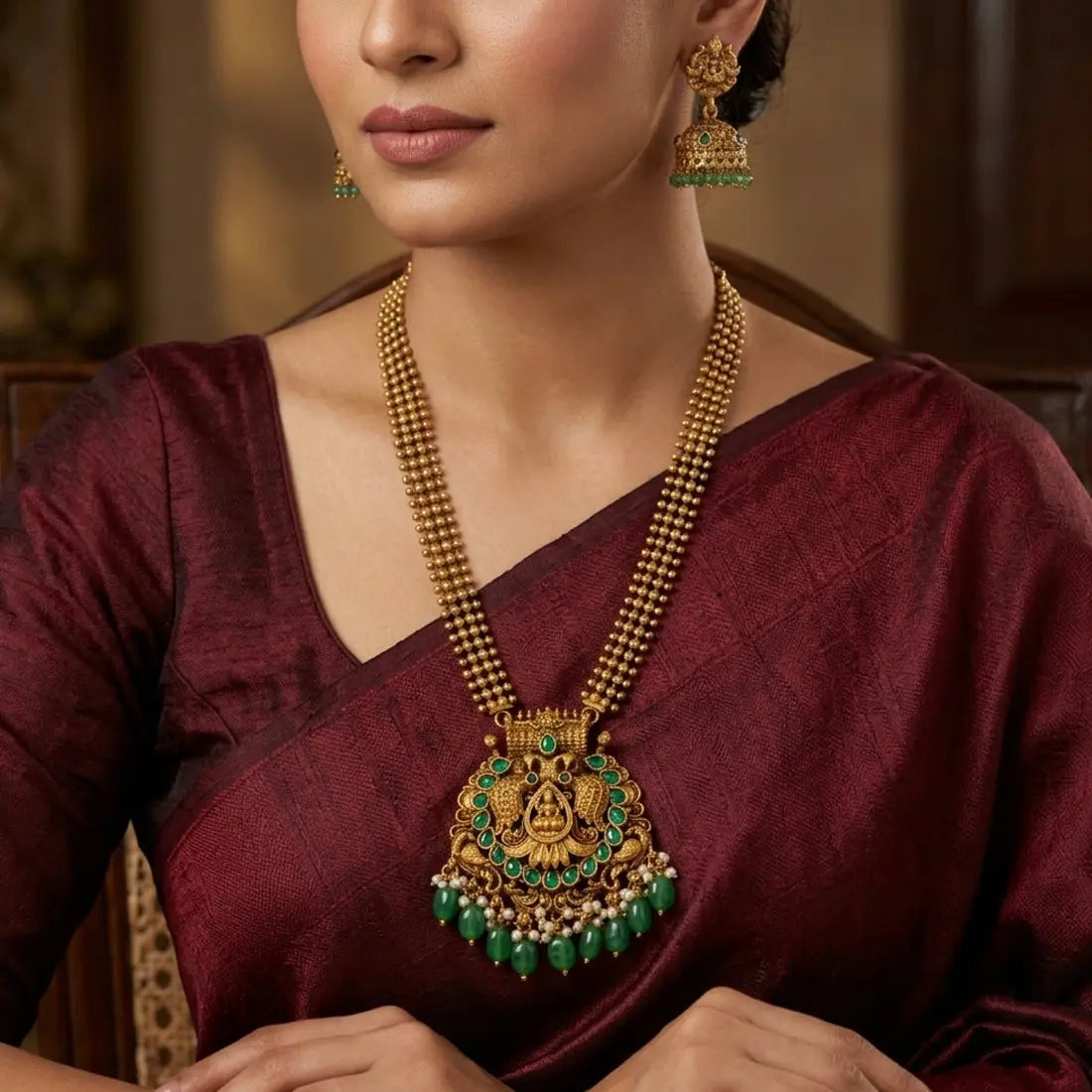 Antique Lakshmi Long Chain Set Bridal & Festive Wear - Green