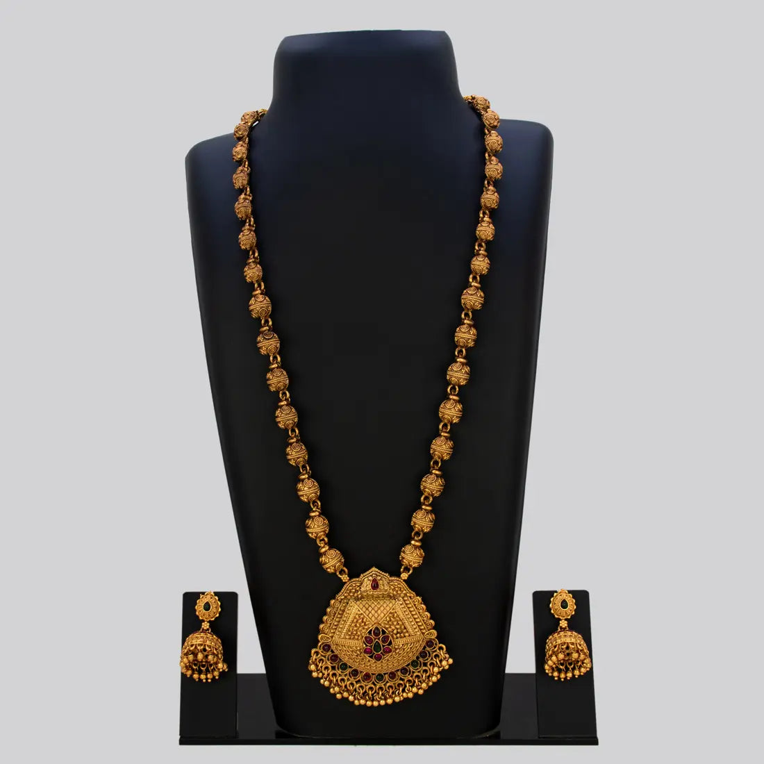 Antique Matte Gold Beads Long Chain Necklace Set featuring intricate gold beads and kemp stone pendant with earrings.