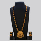Antique Matte Gold Beads Long Chain Necklace Set featuring intricate gold beads and kemp stone pendant with earrings.