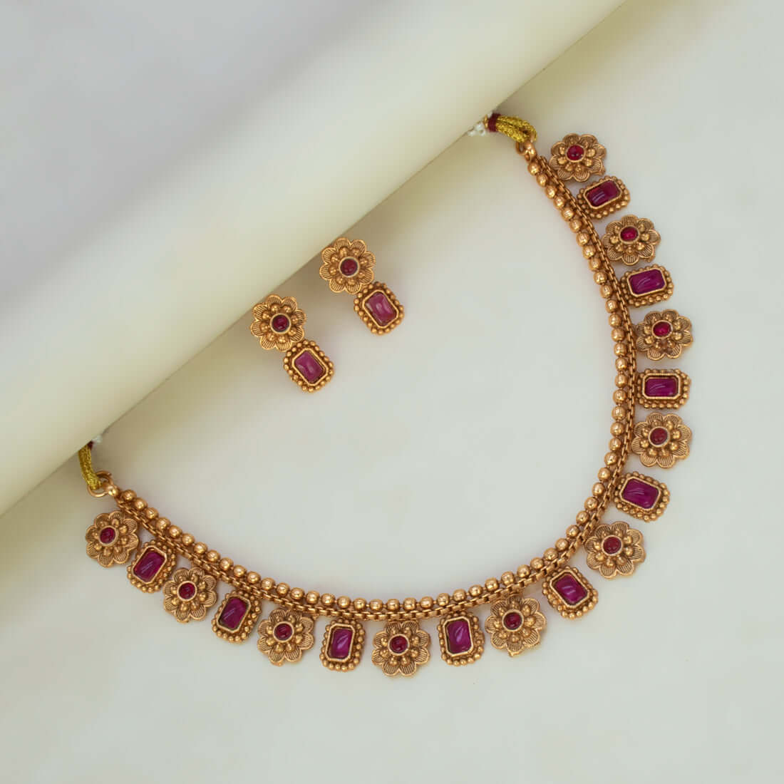 Antique Kemp Stone Floral Necklace Set - Ruby Red