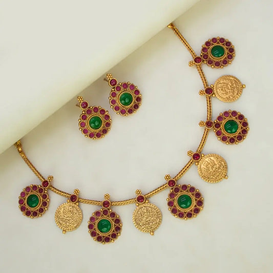 Antique Matte Floral Kemp Stone Lakshmi Kasu Necklace Set featuring gold coins and kemp stones