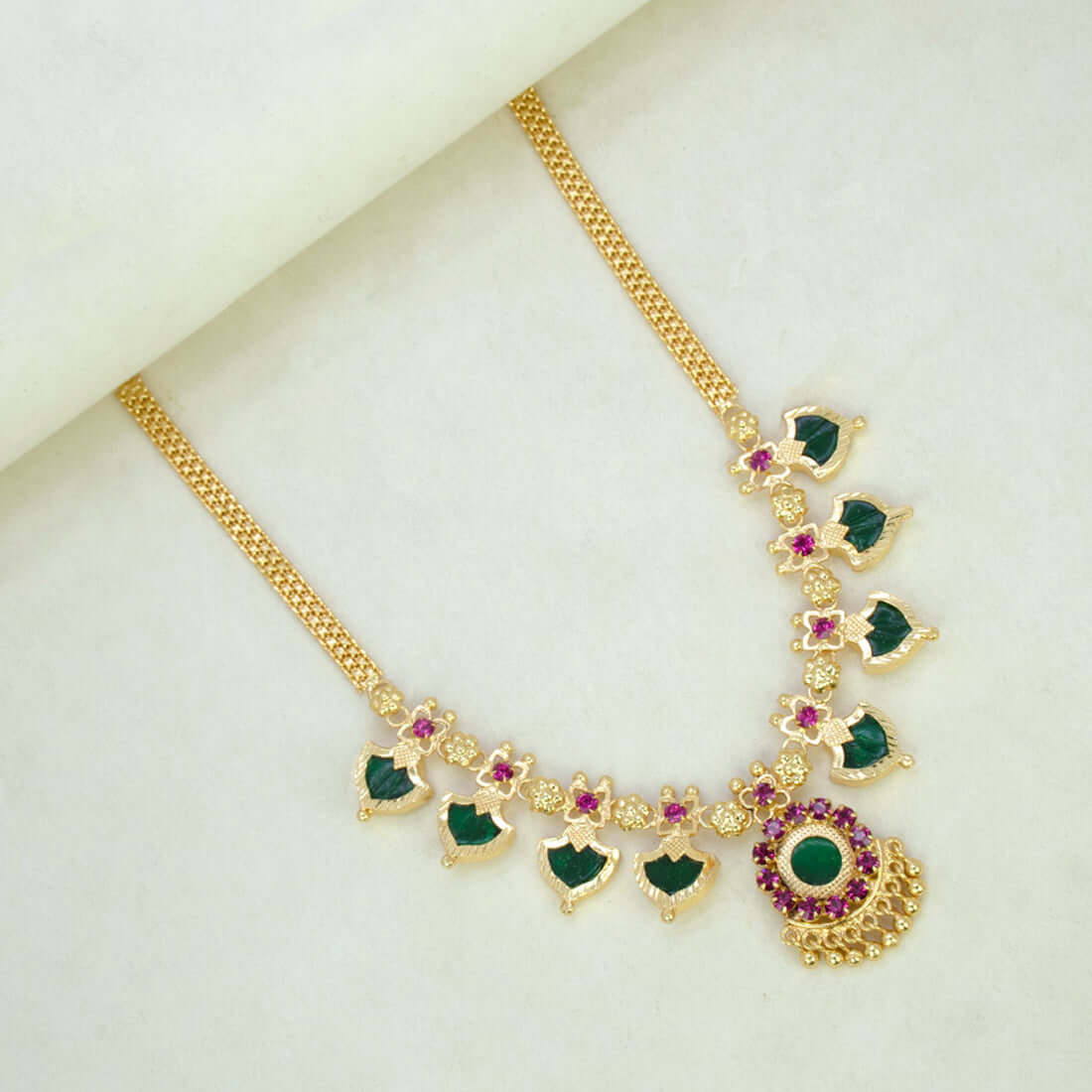 Gold Plated Traditional Palakka Necklace - 4 Stone - K Supreme
