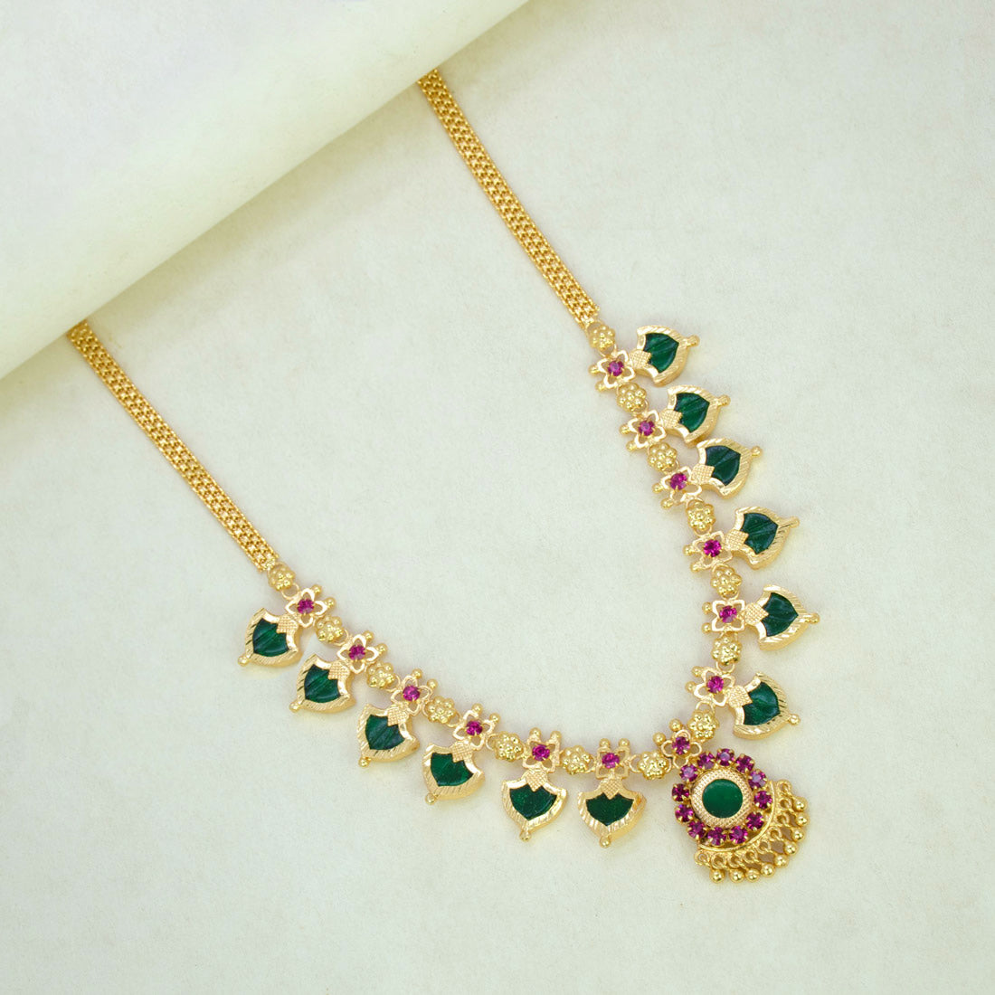Gold Plated Ethnic Palakka Necklace - 6 Stones- Green