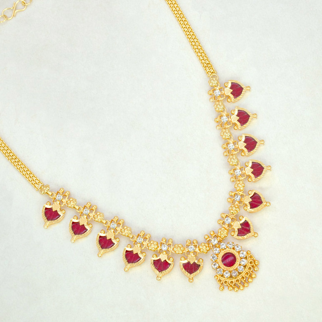Gold Plated Ethnic Palakka Necklace - 6 Stones- Red
