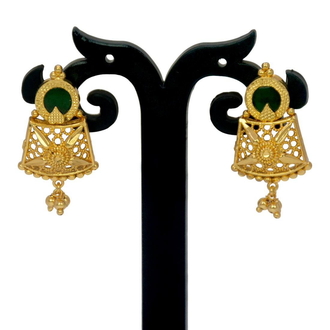 Kerala Style Gold Plated Round Enamel Ear Studs_Green