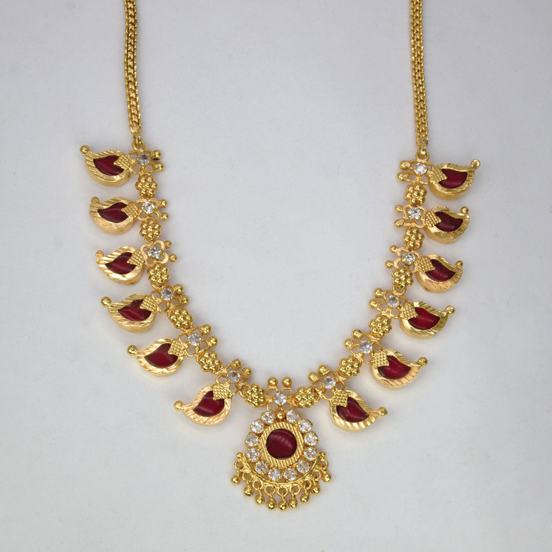 Kerala Traditional Gold Plated Mango Necklace - 6 Stones - Red