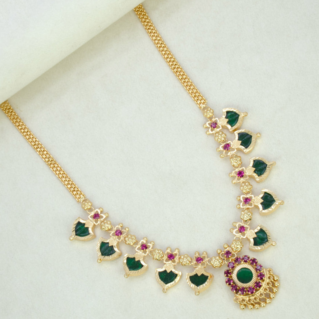 Gold-Plated-Traditional-Indian-Green-Palakka-Necklace-5 Stones