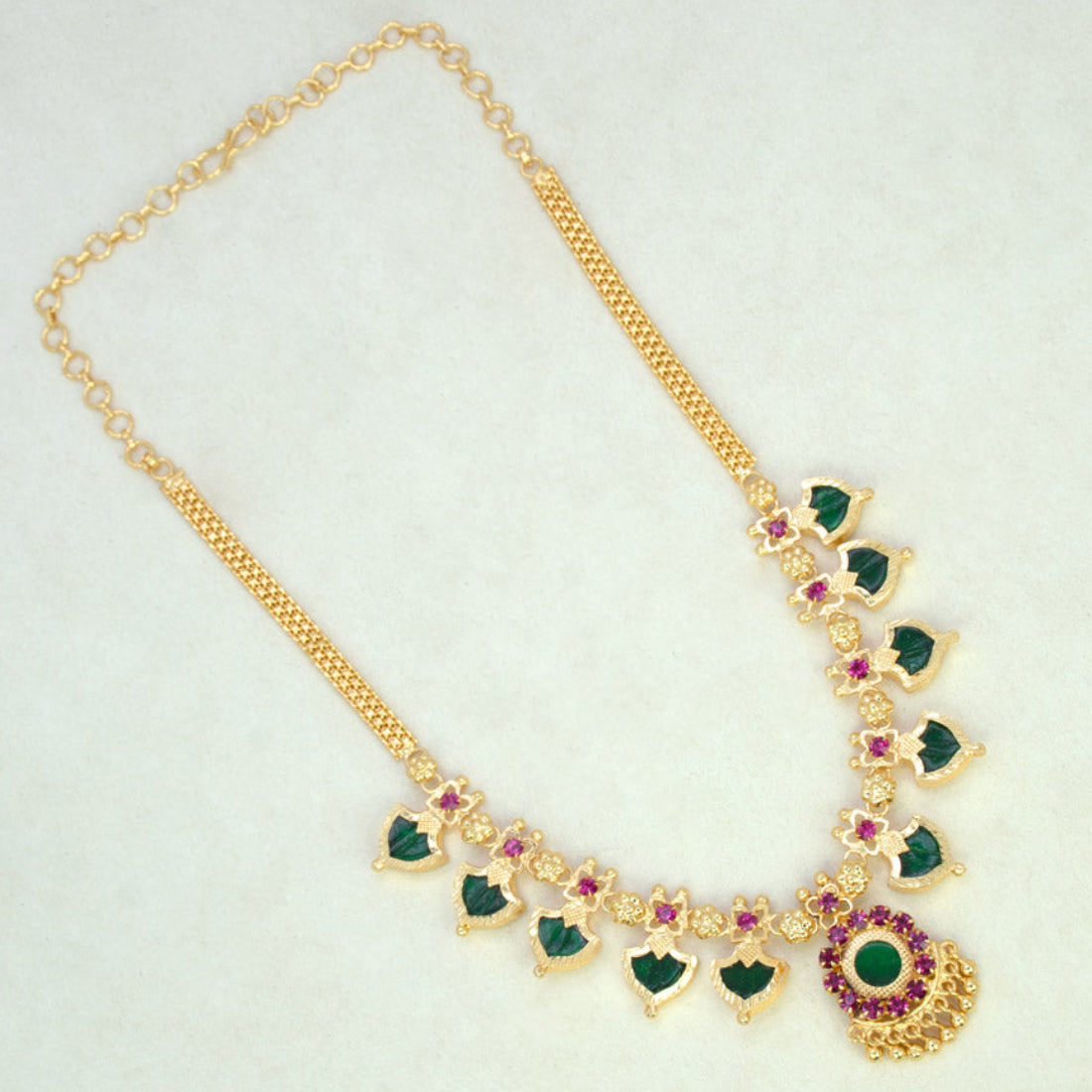 Gold-Plated-Traditional-Indian-Green-Palakka-Necklace-5 Stones