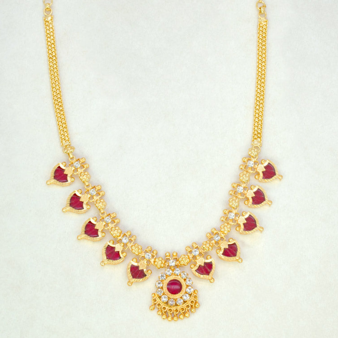 Gold-Plated-Traditional-Indian-Red-Palakka-Necklace-5 Stones