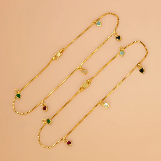 Gold Plated Multi-colour Hearts Charm Anklets
