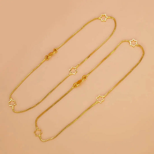 Delicate Gold Plated Star Box Chain Anklets featuring star charms in bright gold finish.