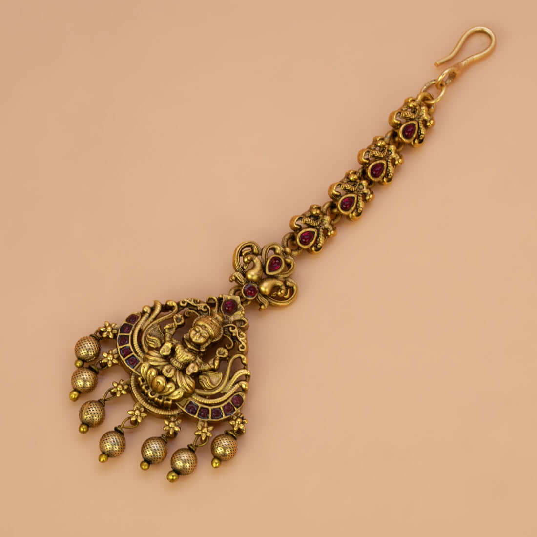 Ethnic Antique Lakshmi Peacock Kemp Maang Tikka - Red