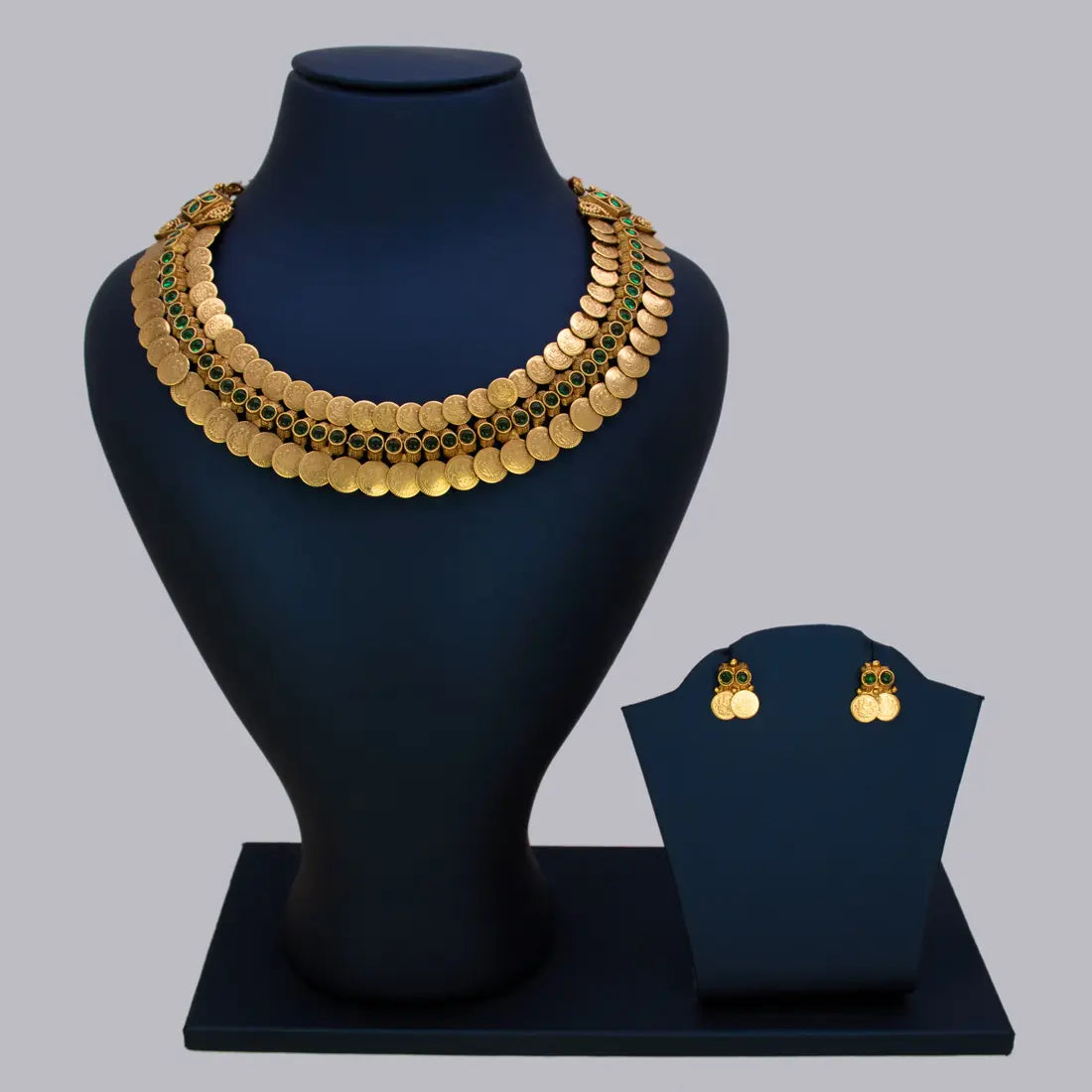 Antique Lakshmi 2-Layer Kasu Kemp Choker Necklace Set - Green