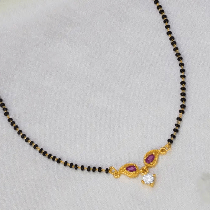 Leaf Design Ruby CZ Pendant Mangalsutra Chain