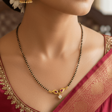 Leaf Design Ruby CZ Pendant Mangalsutra Chain