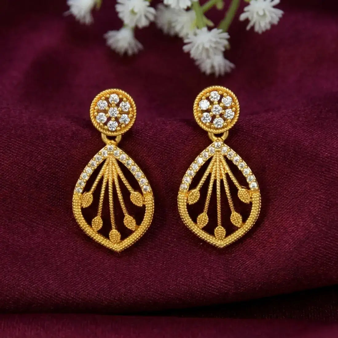 Gold-Plated Ornate Stone Drop Earrings - CZ