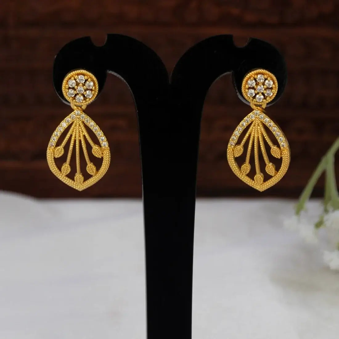 Gold-Plated Ornate Stone Drop Earrings-CZ