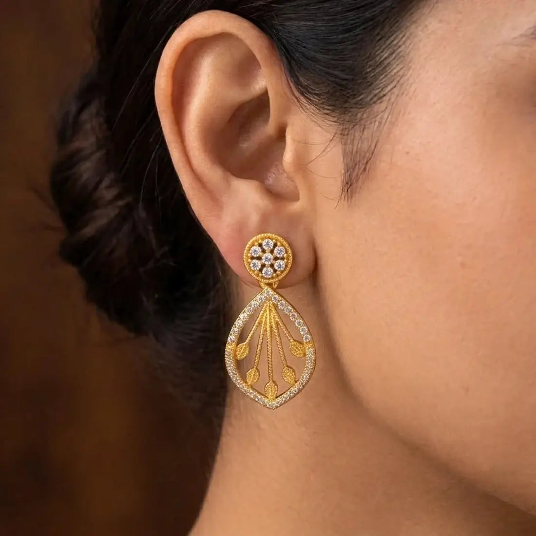Gold-Plated Ornate Stone Drop Earrings - CZ