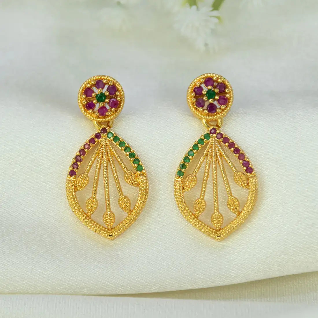 Gold-Plated Ornate Stone Drop Earrings - ruby emerald