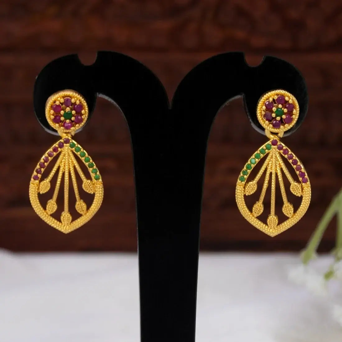 Gold-Plated Ornate Stone Drop Earrings - ruby emerald