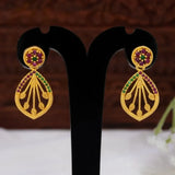 Gold-Plated Ornate Stone Drop Earrings - ruby emerald