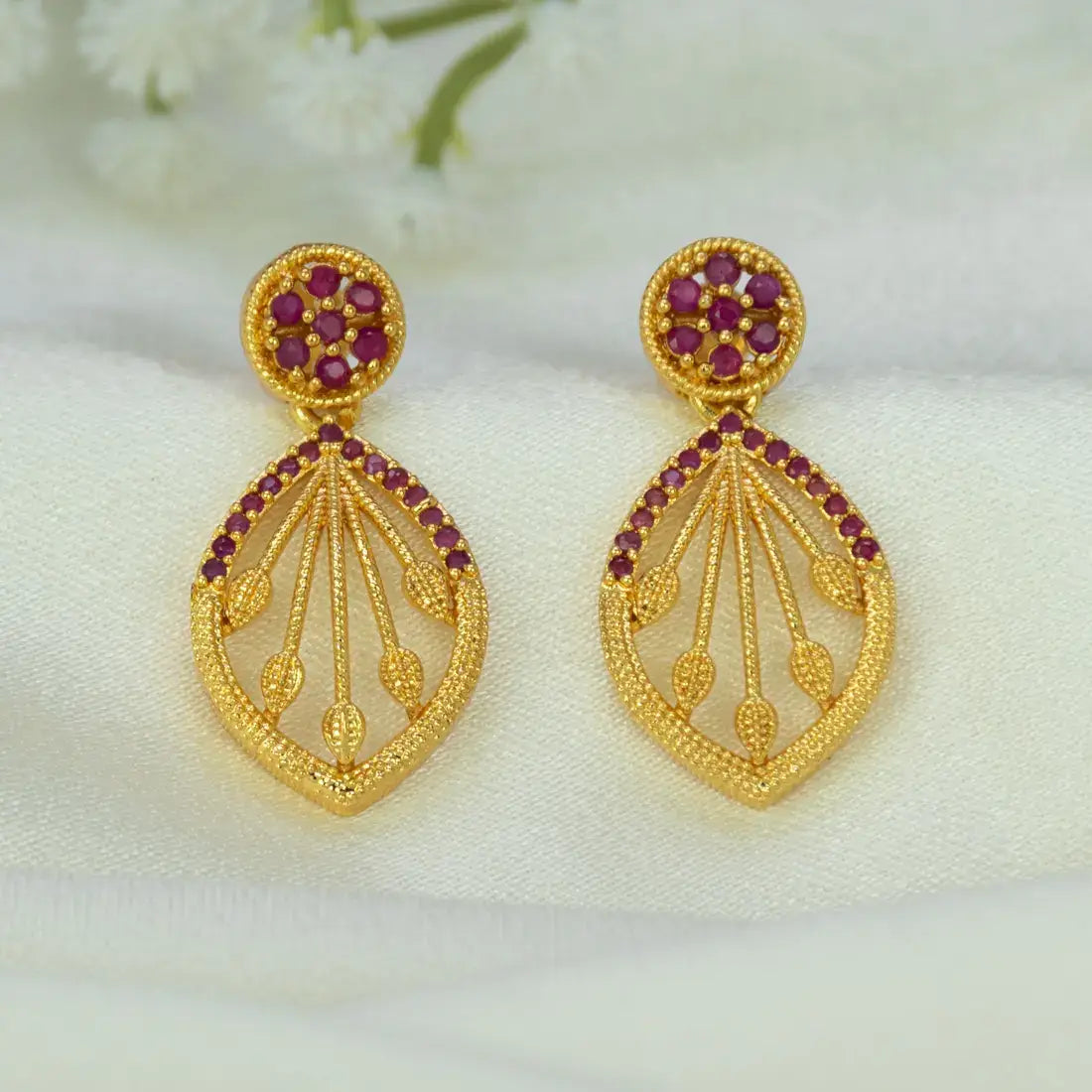 Gold-Plated Ornate Stone Drop Earrings- Ruby