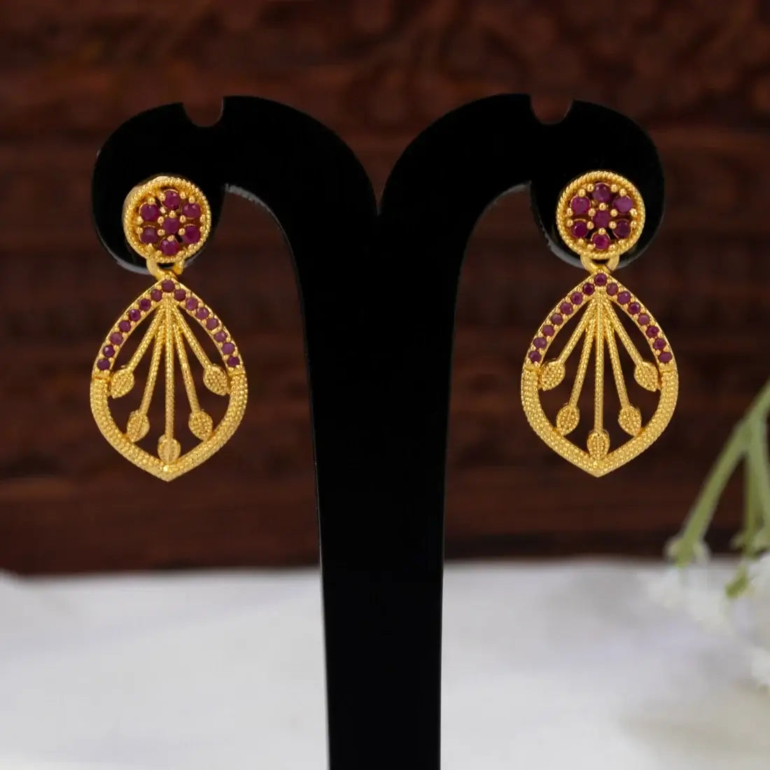 Gold-Plated Ornate Stone Drop Earrings - Ruby