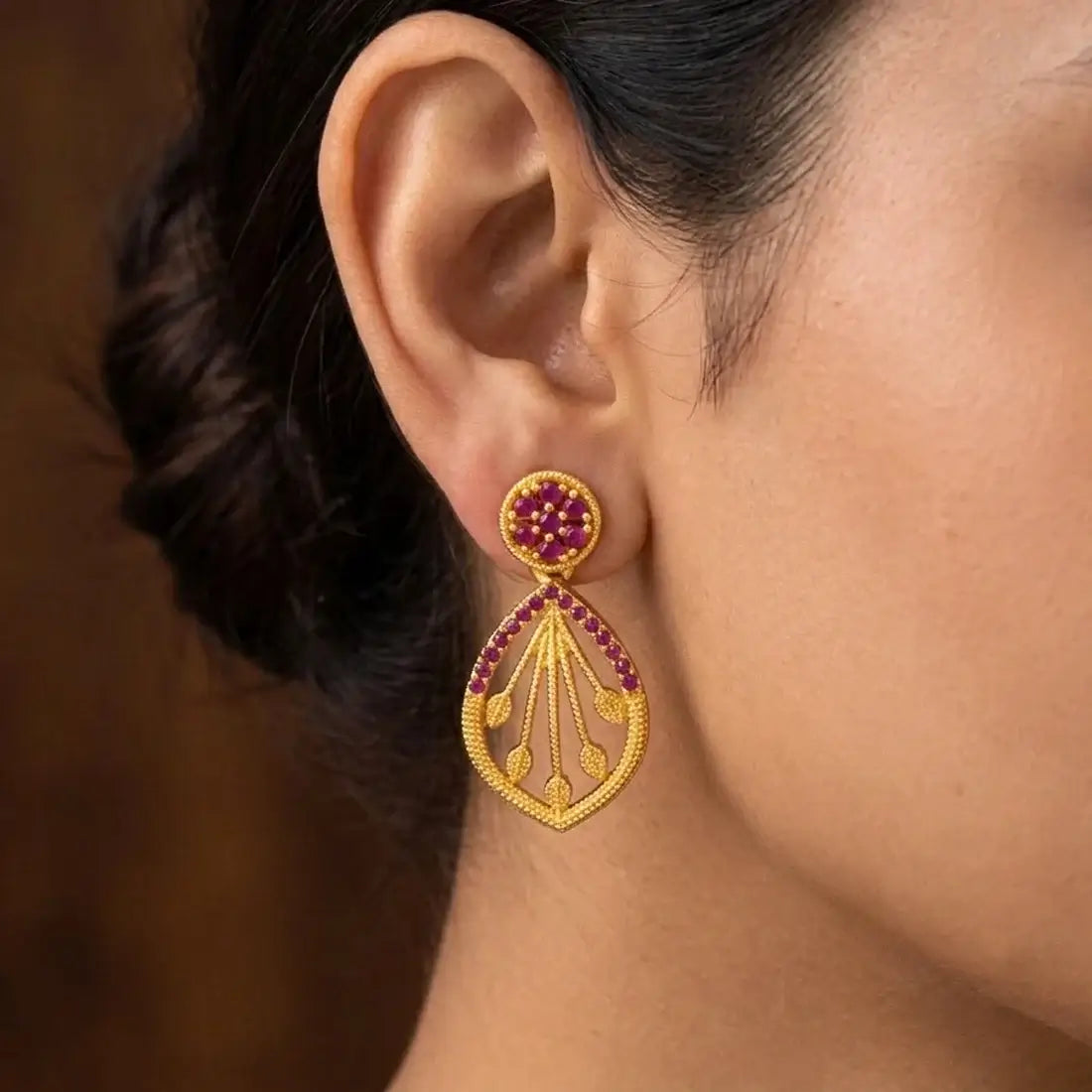 Gold-Plated Ornate Stone Drop Earrings