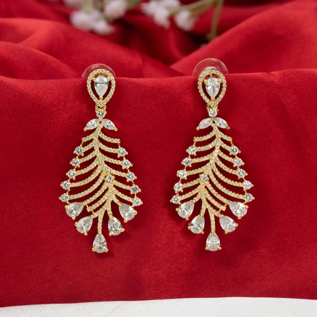 Gold-Plated American Diamond Leaf Earrings