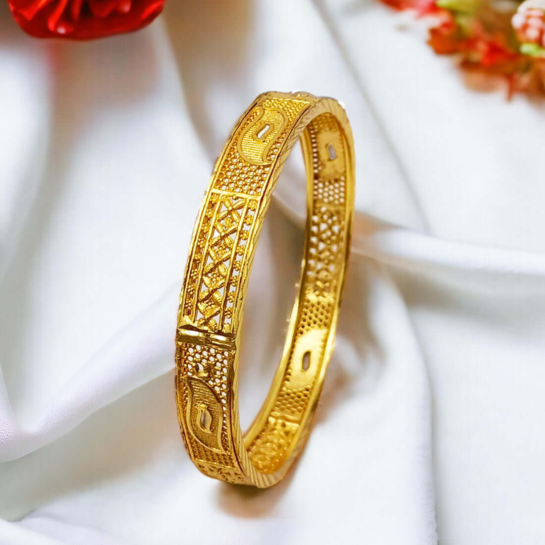 Stylish Gold Plated Designer Mesh Bangle showcasing intricate mesh design and imitation gold finish.