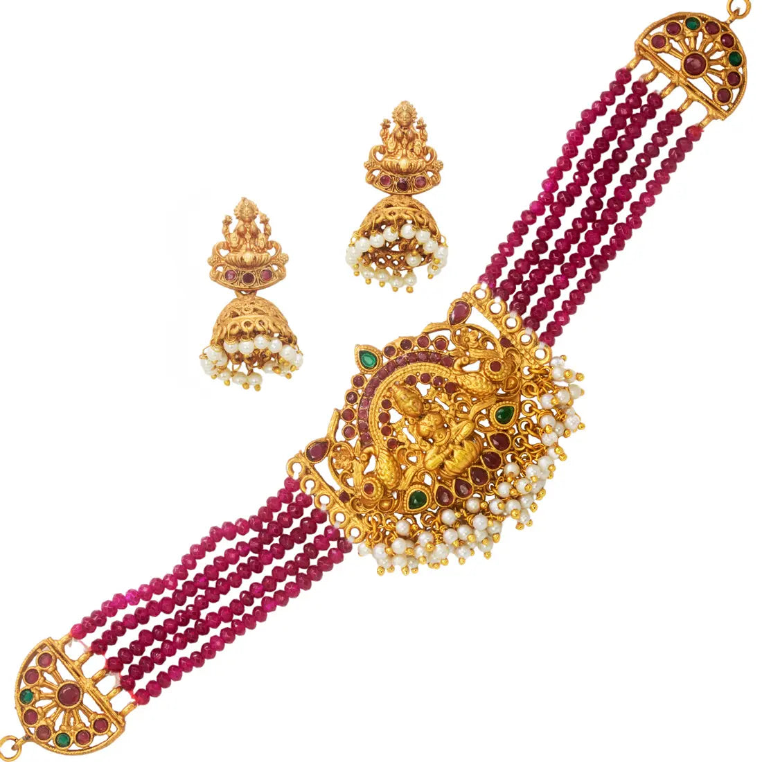 Ethnic Matte Lakshmi Ruby Emerald Choker Set featuring intricate designs and beautiful Kundan details.