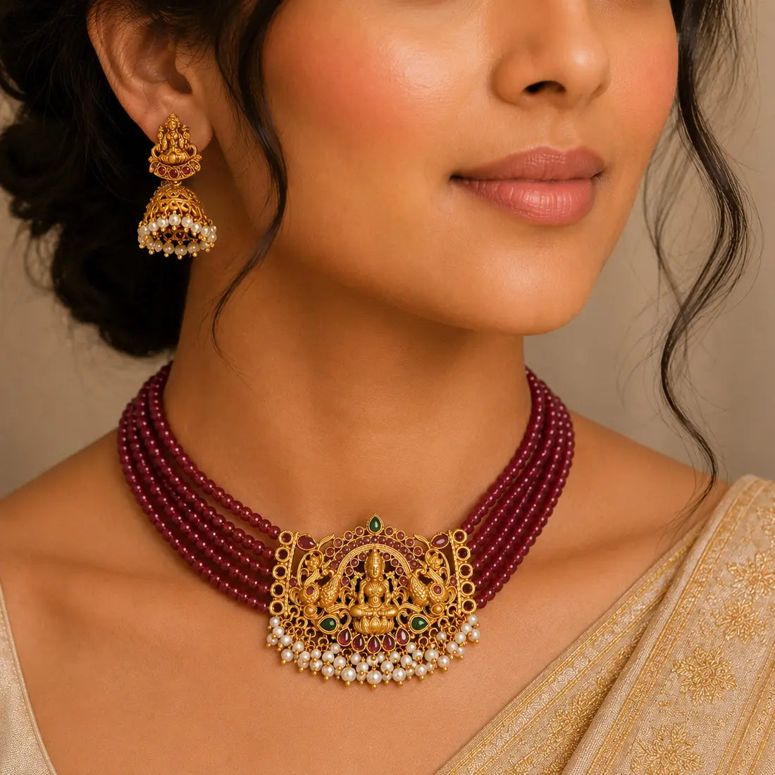 Ethnic Matte Lakshmi Ruby Emerald Choker Set worn by a woman, featuring goddess Lakshmi design with Kundan stones.