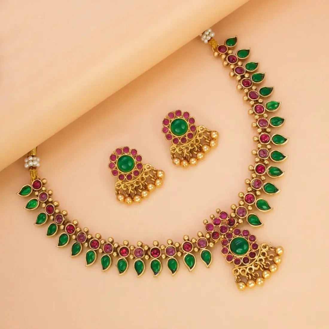  Antique Gold Plated Kemp Stone Mango Necklace Set - Multi