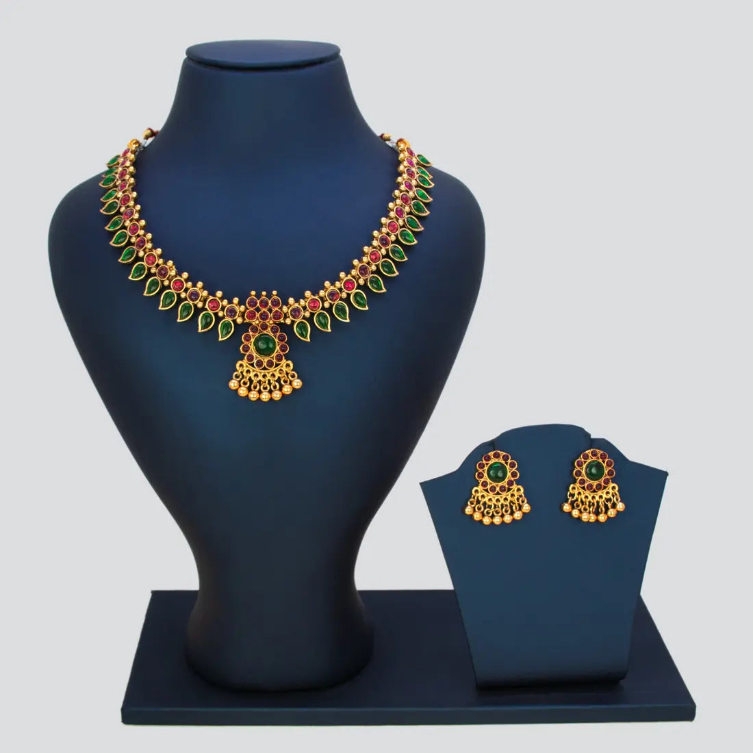  Antique Gold Plated Kemp Stone Mango Necklace Set - Multi