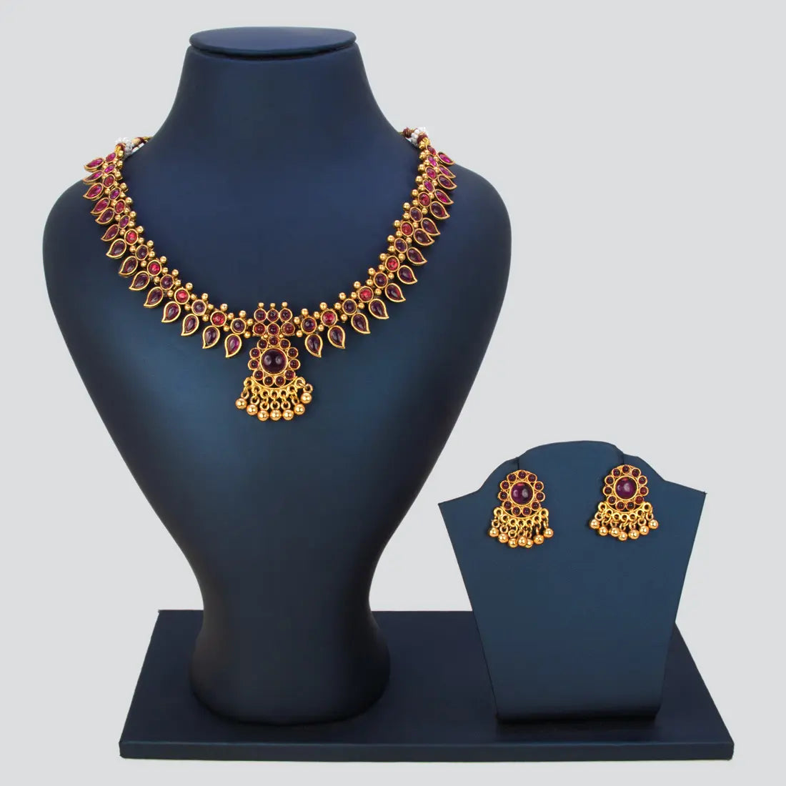  Antique Gold Plated Kemp Stone Mango Necklace Set - Ruby Red