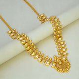 Traditional Gold Plated Bridal Mango Long Chain Haram displayed elegantly on a white surface.