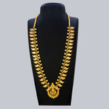 Traditional Gold Plated Bridal Mango Long Chain Haram showcased on a display stand, perfect for bridal occasions.